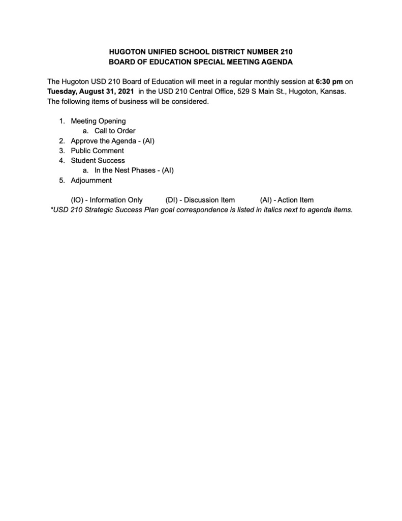 August 31, 2021 Board of Education Special Meeting