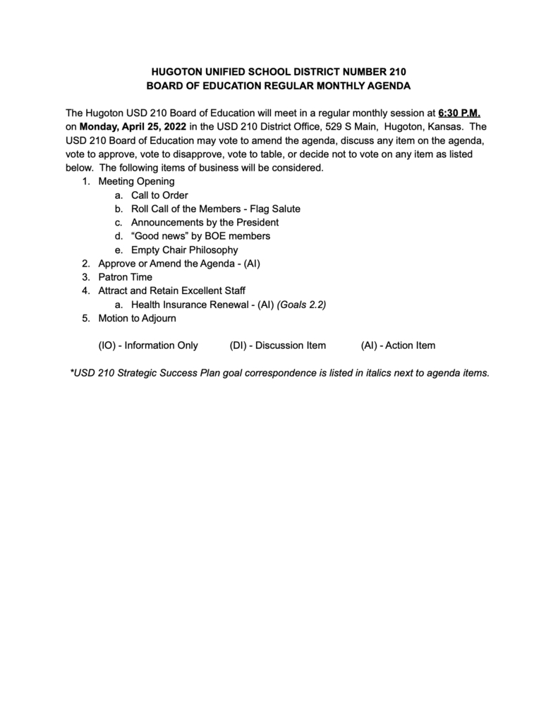 BOE Meeting Notice for April 25