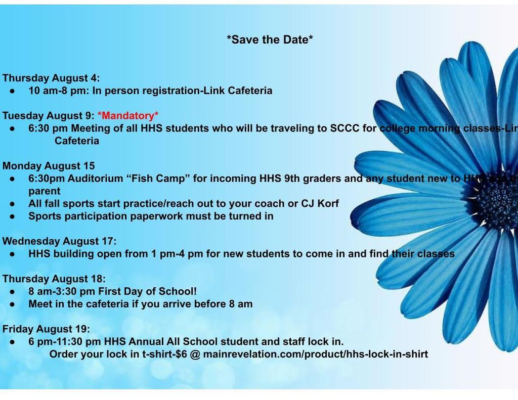 HHS Important dates for 2022-2023 Back to school events